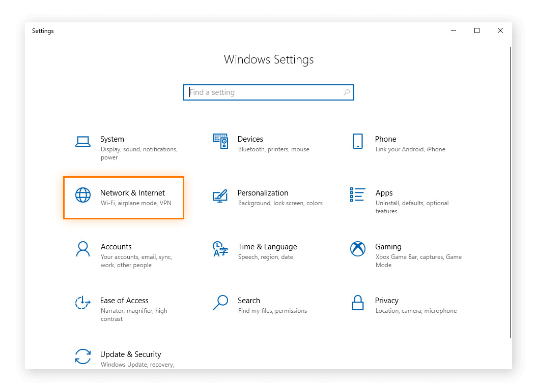 Select Network and Internet from Windows Settings in Windows 10.